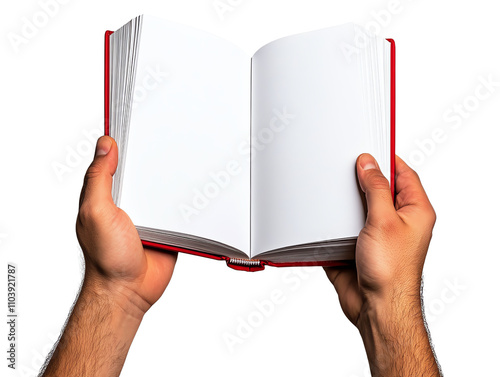 Open book held in hands, ready for reading or writing, isolated on white background.