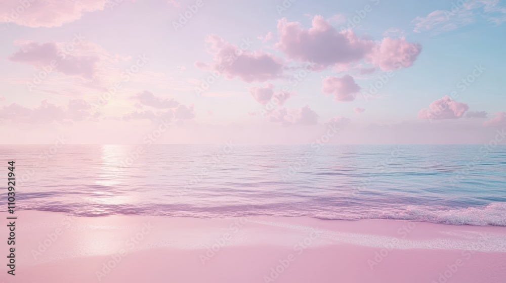 Obraz premium pink beach and blue sea, white clouds in the sky, a fairy-tale background
