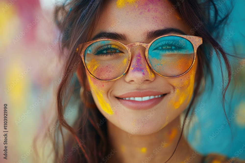 Close-up of a cheerful young woman wearing glasses and enjoying the vibrant holi festival, her face and glasses covered with colorful powder Close-up of a cheerful young woman wearing glasses and enjoying the vibrant holi festival, her face and glasses covered with colorful powder