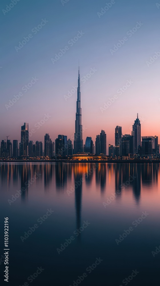 Fototapeta premium A minimalist cityscape captures a distant skyline against a dusky blue sky at twilight, where the city's lights reflect off a tranquil river, enhancing the mood of serenity and peace