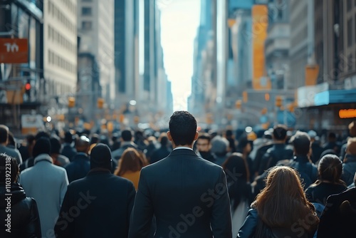 Man Walking Amidst Busy City Sunlight