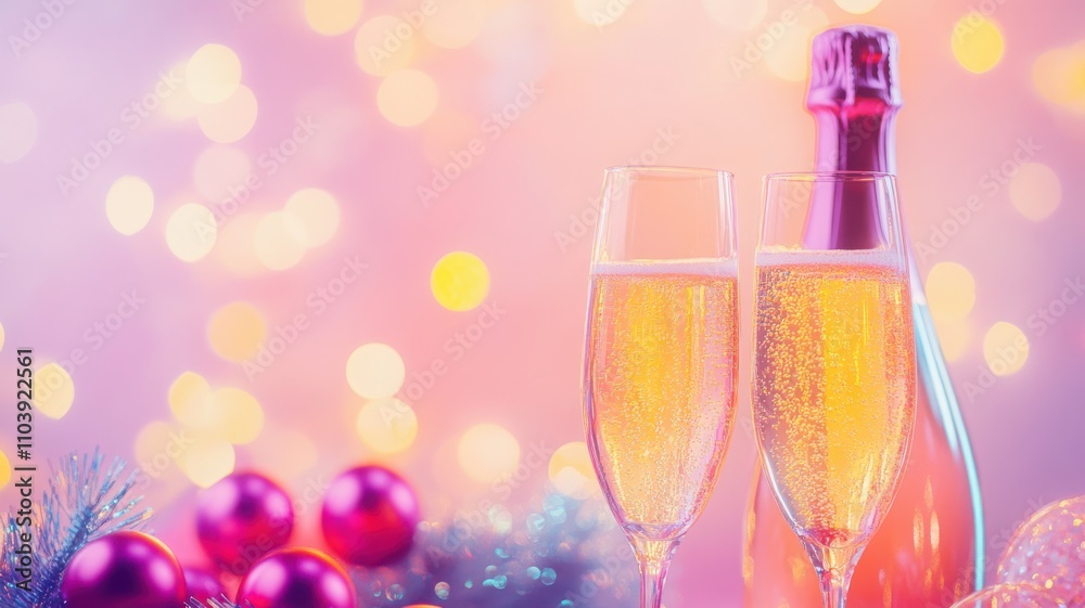 Vibrant pink and yellow champagne decor, playful New Year's Eve scene. Christmas, New Year's Eve Vibrant pink and yellow champagne decor, playful New Year's Eve scene. Christmas, New Year's Eve