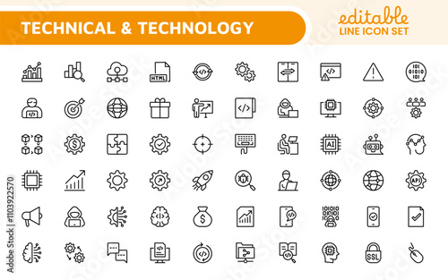 Technology and Development Icon Set. Modern and innovative icons tailored for tech apps and projects, perfect for showcasing development tools, software solutions, and cutting-edge technologies.