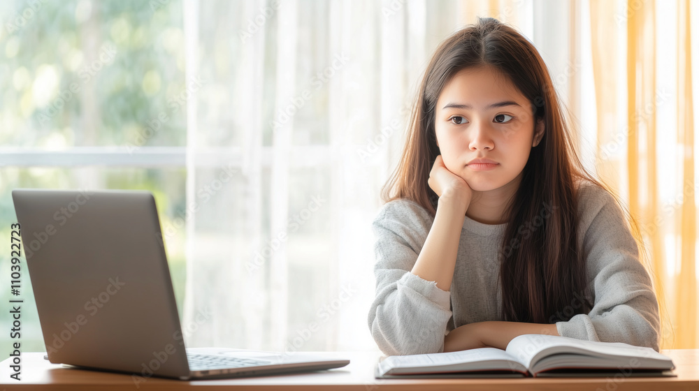 Thoughtful Student in Cozy Study Space with Textbook and Laptop Thoughtful Student in Cozy Study Space with Textbook and Laptop