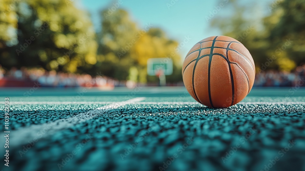 Outdoor Basketball Court with a Ball - A Thrilling Game Day Moment Outdoor Basketball Court with a Ball - A Thrilling Game Day Moment