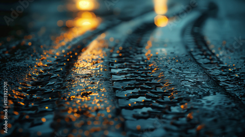 Wet tire tracks on reflective road at dusk