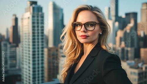 Confident portrait of an elegant woman in chic business attire exuding strength and beauty, embodying the concept of a powerful short of beautiful woman.