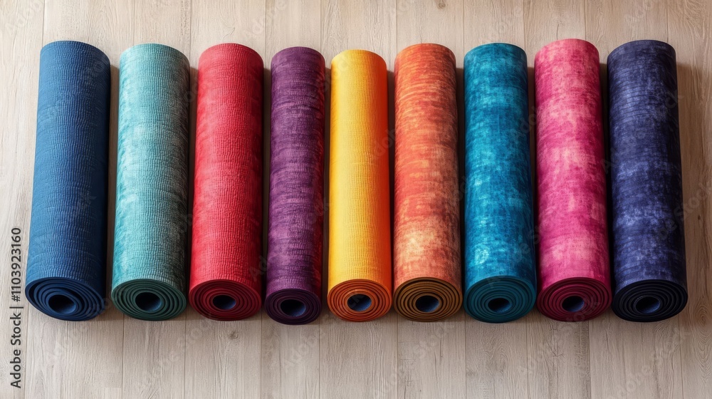 Vibrant yoga mats arranged neatly. Vibrant yoga mats arranged neatly.