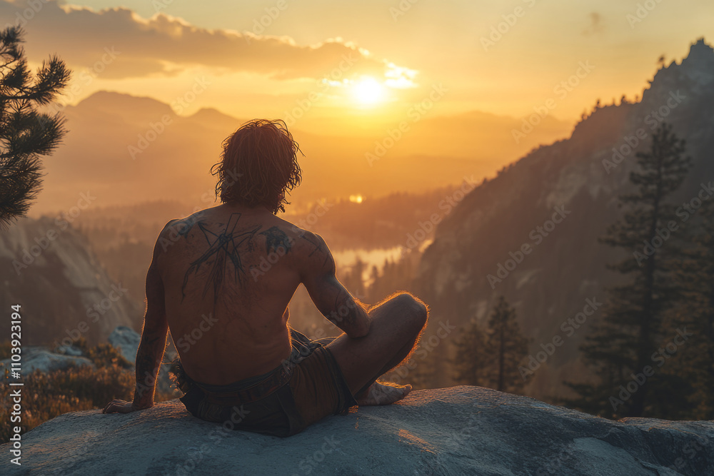 Obraz premium Shirtless man with tattoos sits meditating on a mountain peak, enjoying the sunset over a valley