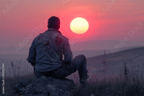 Soldier with blood stains on his shirt sitting on a rock and watching beautiful sunset photo