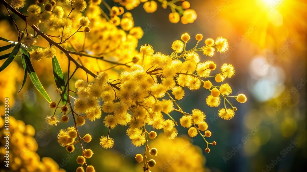 Vibrant Dappled Light on Golden Wattle Flowers Showcasing Indigenous Bush Tucker Seeds and Gum in a Beautiful Natural Setting of Southeastern Australia Vibrant Dappled Light on Golden Wattle Flowers Showcasing Indigenous Bush Tucker Seeds and Gum in a Beautiful Natural Setting of Southeastern Australia