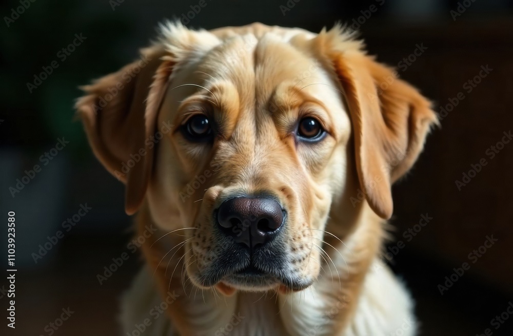 A golden retriever with soft fur gazes directly at the camera, surrounded by warm indoor lighting, creating a cozy atmosphere. Generative AI A golden retriever with soft fur gazes directly at the camera, surrounded by warm indoor lighting, creating a cozy atmosphere. Generative AI