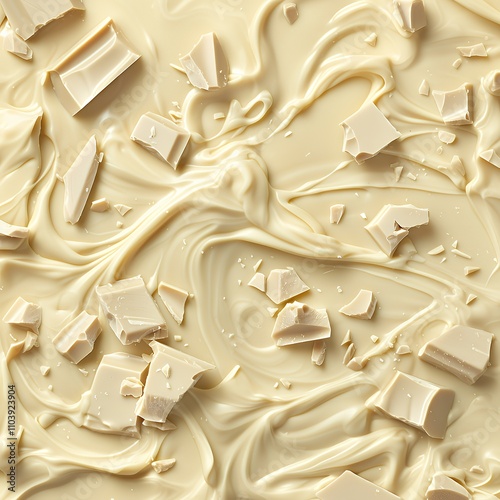 A close-up of melted white chocolate with chunks scattered throughout.