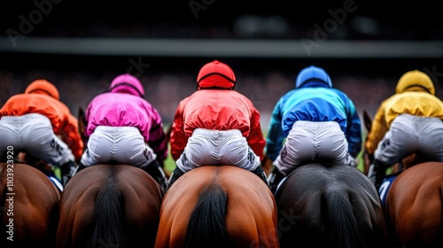 A vibrant capture of jockeys lined up in colorful outfits, set against a blurred backdrop, embodying the excitement and energy of horse racing events.