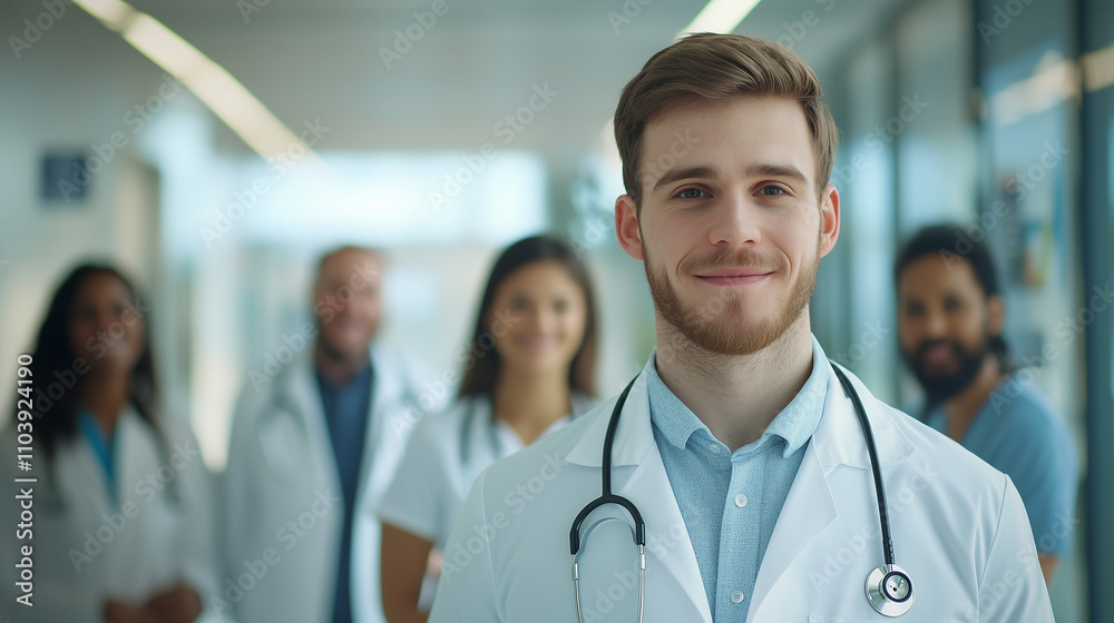 Happy Young Doctor with Diverse Team in Modern Hospital Setting Happy Young Doctor with Diverse Team in Modern Hospital Setting