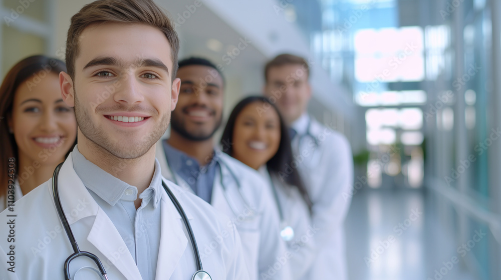 Young Male Doctor with Diverse Team in Modern Hospital Setting Young Male Doctor with Diverse Team in Modern Hospital Setting