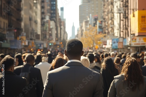 Man Walking Through Dense City Crowd in Sunlight