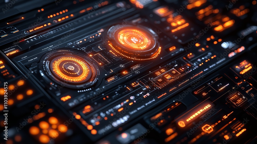 Futuristic Technology Interface Design with Glowing Orange Controls - A Detailed View of a Modern Dashboard Futuristic Technology Interface Design with Glowing Orange Controls - A Detailed View of a Modern Dashboard