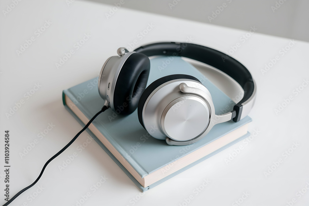 Silver and black headphones on light blue book, clean minimalist setting Silver and black headphones on light blue book, clean minimalist setting