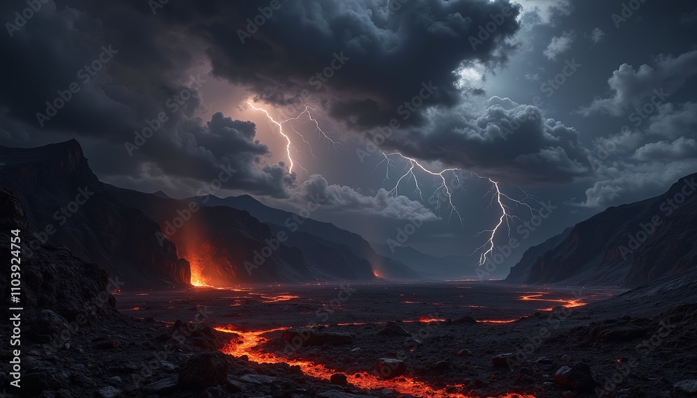 Dramatic Volcanic Eruption with Lightning Storm at Night Dramatic Volcanic Eruption with Lightning Storm at Night