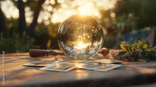 mystical fortune teller, a captivating image of a fortune-tellers setup with tarot cards, a crystal ball, and mystical items, shining in gentle, cozy light
