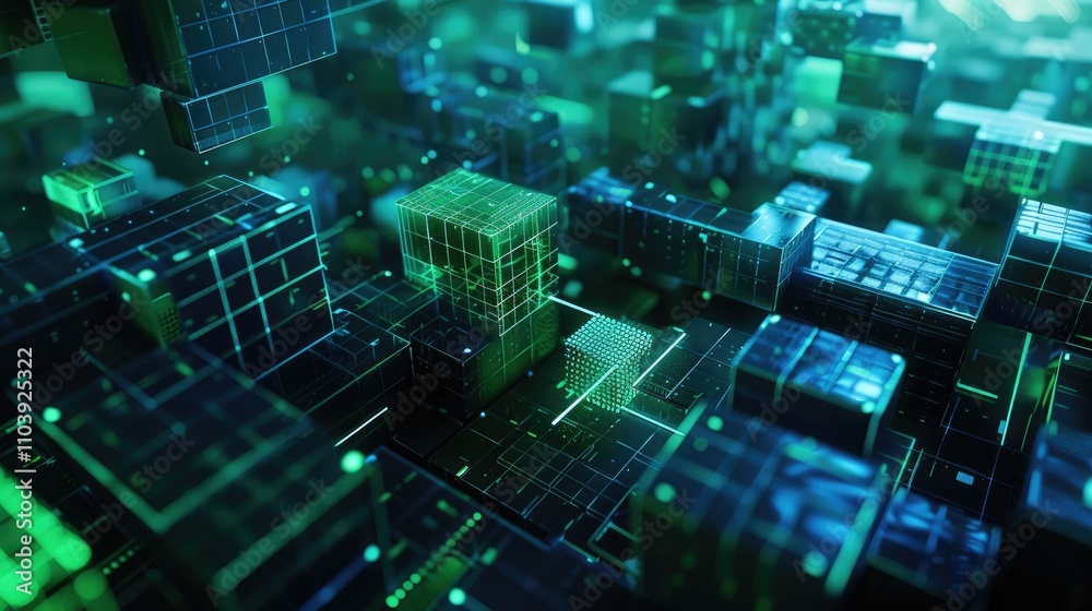 Obraz premium Abstract digital landscape with glowing cubes and connections, representing data and technology.