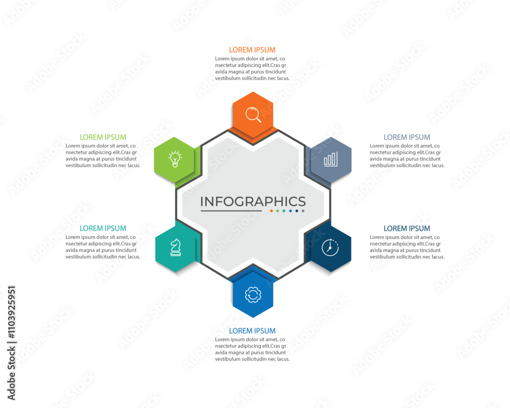 Business infographic design with 6 options. Vector label with hexagons template. Business infographic design with 6 options. Vector label with hexagons template.