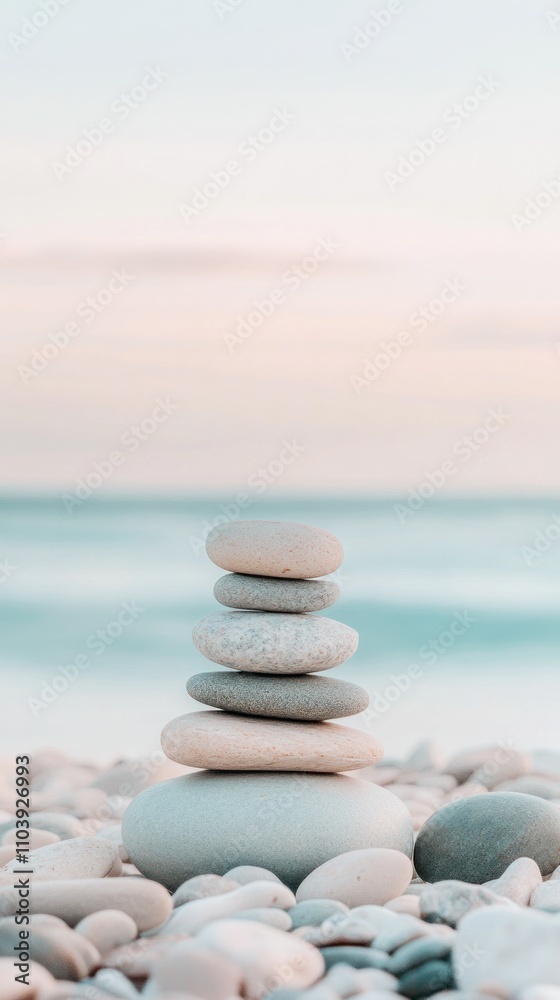 Stacked pebbles on a beach with soft waves in background. Stacked pebbles on a beach with soft waves in background.