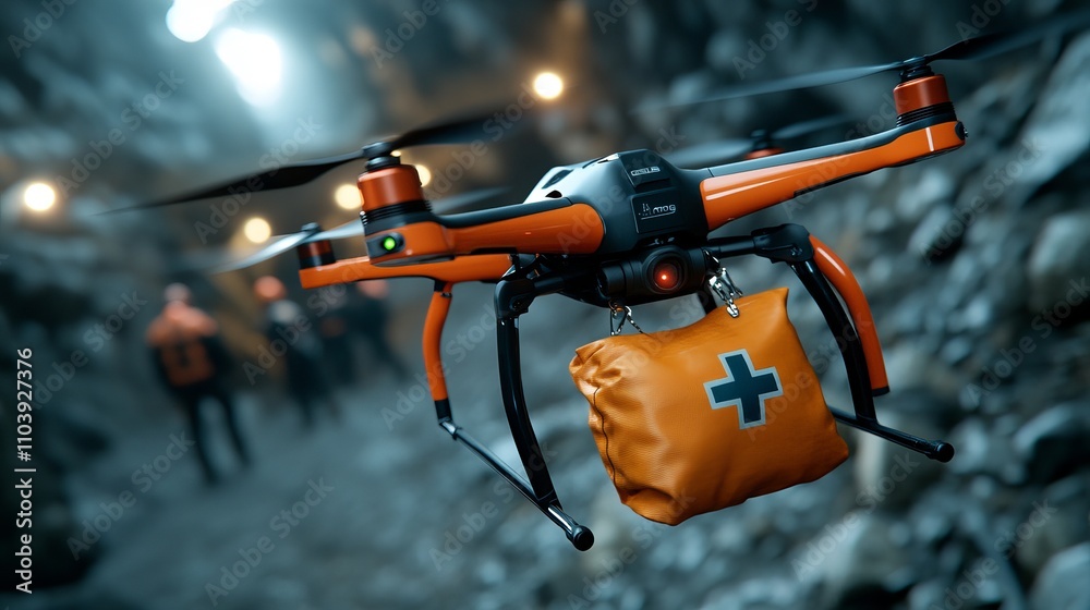 An orange drone equipped with a medical supply bag flies through a dimly lit tunnel, showcasing advanced rescue technology in action. An orange drone equipped with a medical supply bag flies through a dimly lit tunnel, showcasing advanced rescue technology in action.