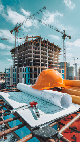 Construction site with safety helmet, rolled plans, and cranes under a clear sky Vertical Mobile Wallpaper