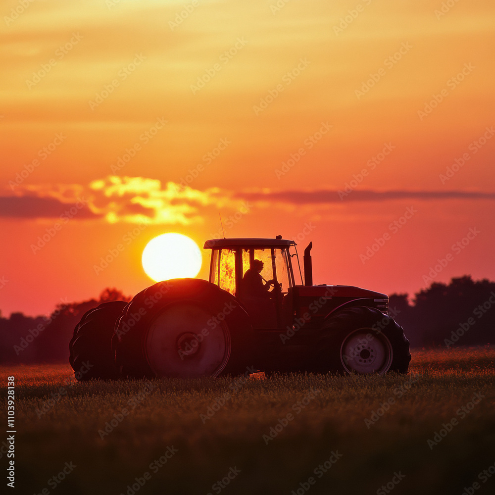 Obraz premium Tractor working at field at the sun sets