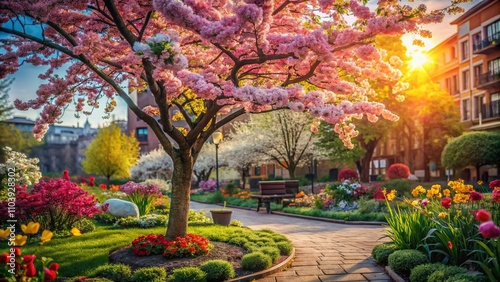 Vibrant Garden with Blooming Trees and Colorful Blossoms in Timelapse - Nature's Beauty Captured in Stunning 4K Video Background for Urban Exploration Photography