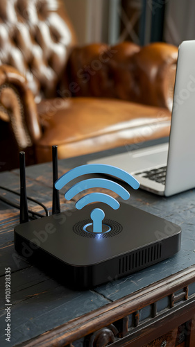 Wi Fi router with blue lock symbol, signifying secure internet access on a wooden surface Vertical Mobile Wallpaper