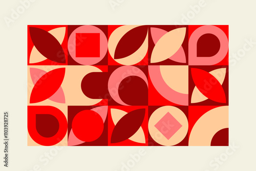 Romantic vector abstract geometric background with hearts, circles, rectangles and squares in retro scandinavian style. Red colored simple shapes graphic pattern. Abstract mosaic artwork.