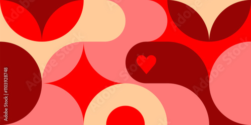 Romantic vector abstract geometric background with hearts, circles, rectangles and squares in retro scandinavian style. Red colored simple shapes graphic pattern. Abstract mosaic artwork.