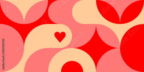 Romantic vector abstract geometric background with hearts, circles, rectangles and squares in retro scandinavian style. Red colored simple shapes graphic pattern. Abstract mosaic artwork.