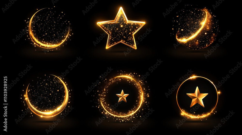 Golden star and crescent designs with sparkling effects on black background, perfect for festive themes and celebrations Golden star and crescent designs with sparkling effects on black background, perfect for festive themes and celebrations