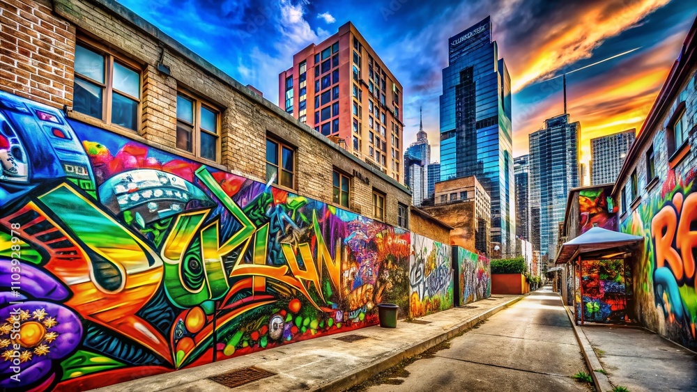 Fototapeta premium Vibrant Graffiti Art on Urban Wall with Copy Space - Colorful and Creative Street Art Displaying Urban Culture and Expressions in a City Setting