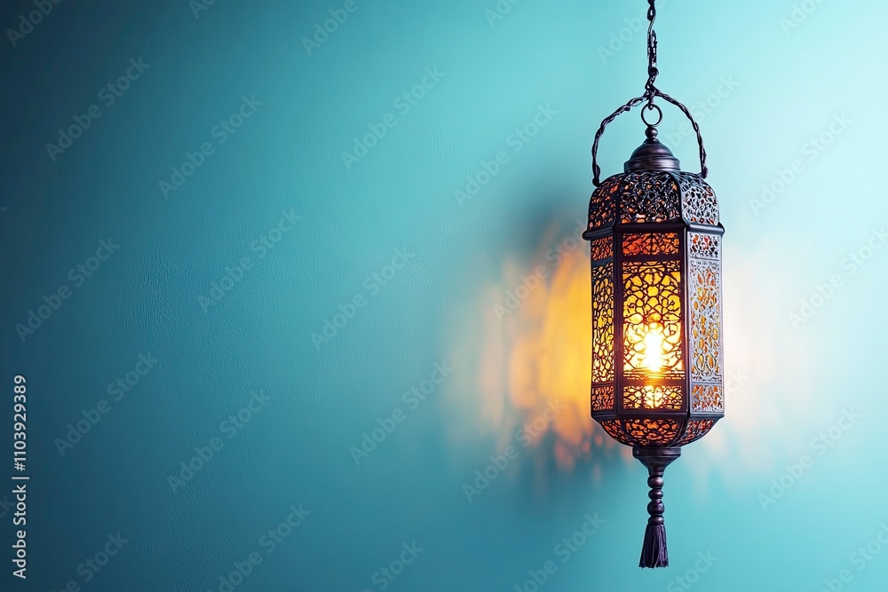 Arabian traditional lantern Light Lamp and Tasbeeh on light blue color background. Arabian traditional lantern Light Lamp and Tasbeeh on light blue color background.
