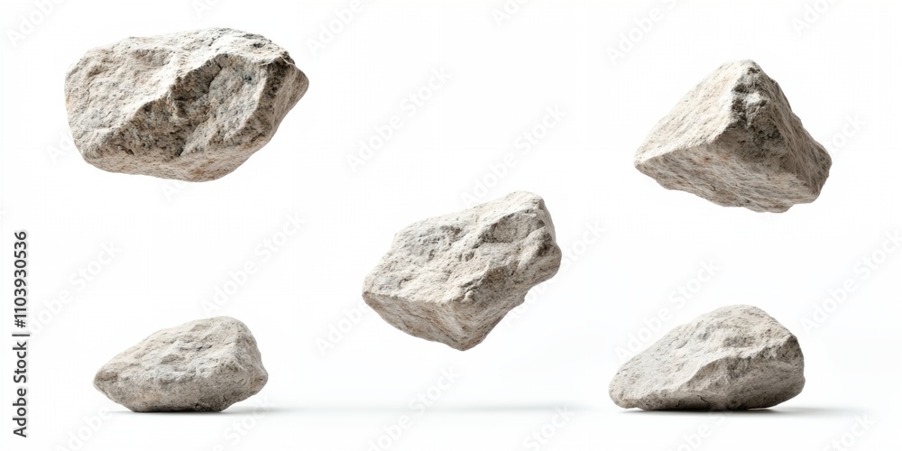 A series of white rocks in mid-air, with one rock slightly higher than the others. The rocks are scattered across the image, with some positioned closer to the foreground and others further back A series of white rocks in mid-air, with one rock slightly higher than the others. The rocks are scattered across the image, with some positioned closer to the foreground and others further back