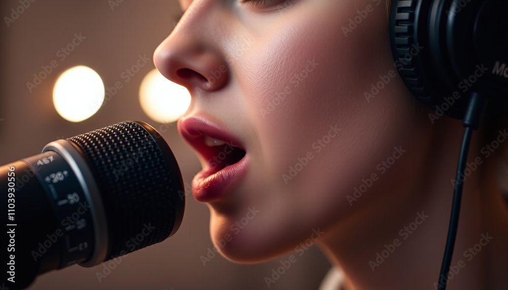 An artistic photograph of visualized through a person’s voice, with a focus on their mouth and expression. The background should be a softly lit recording studio An artistic photograph of visualized through a person’s voice, with a focus on their mouth and expression. The background should be a softly lit recording studio