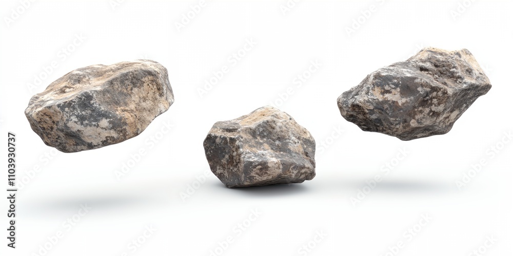 Three rocks are floating in the air, with one of them being the largest. The other two rocks are smaller and are positioned in the middle and on the right side of the largest rock Three rocks are floating in the air, with one of them being the largest. The other two rocks are smaller and are positioned in the middle and on the right side of the largest rock