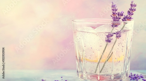 A refreshing drink with lavender and lemon, served over ice in a clear glass.