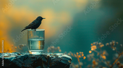 A tiny bird perched on the edge of a tall glass of water. photo