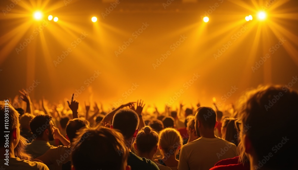 A powerful image of a captivated audience in the foreground. The background should feature bright stage lights, creating a dynamic atmosphere in high resolution A powerful image of a captivated audience in the foreground. The background should feature bright stage lights, creating a dynamic atmosphere in high resolution