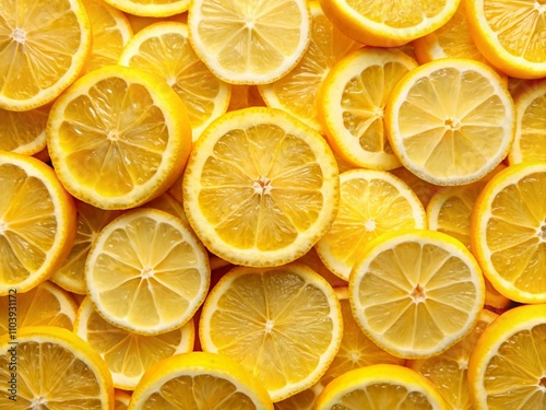 Vibrant Juicy Lemon Slices in High Depth of Field, Top View Citrus Fruit Background for Freshness and Flavor Inspiration