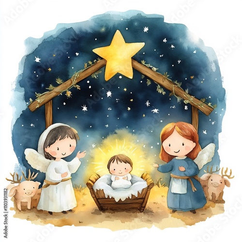 Watercolor Painting of Nativity Scene with Baby Jesus Shepherd Figures Glowing Star and Angel Choir in Starry Night Sky