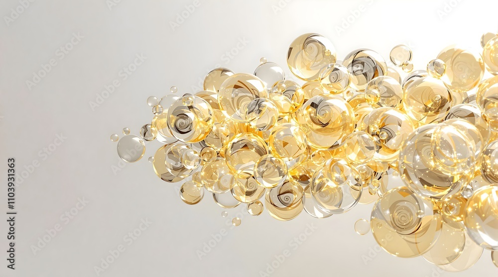Golden Bubbles Abstract: 3D Render of Transparent and Reflective Spheres for Design and Backgrounds. Golden Bubbles Abstract: 3D Render of Transparent and Reflective Spheres for Design and Backgrounds.