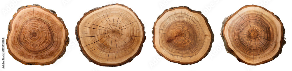Fototapeta premium Four wooden tree slices with intricate growth rings, isolated on a white background.