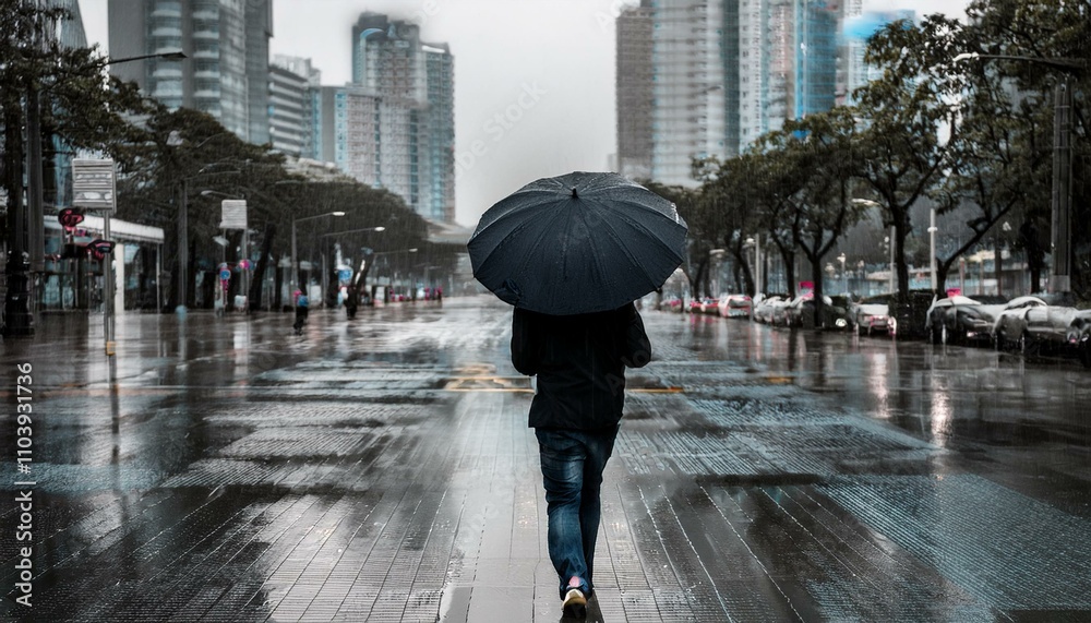 Obraz premium 비 오는 거리에서 우산을 쓰고 혼자 걷는 사람의 뒷모습
